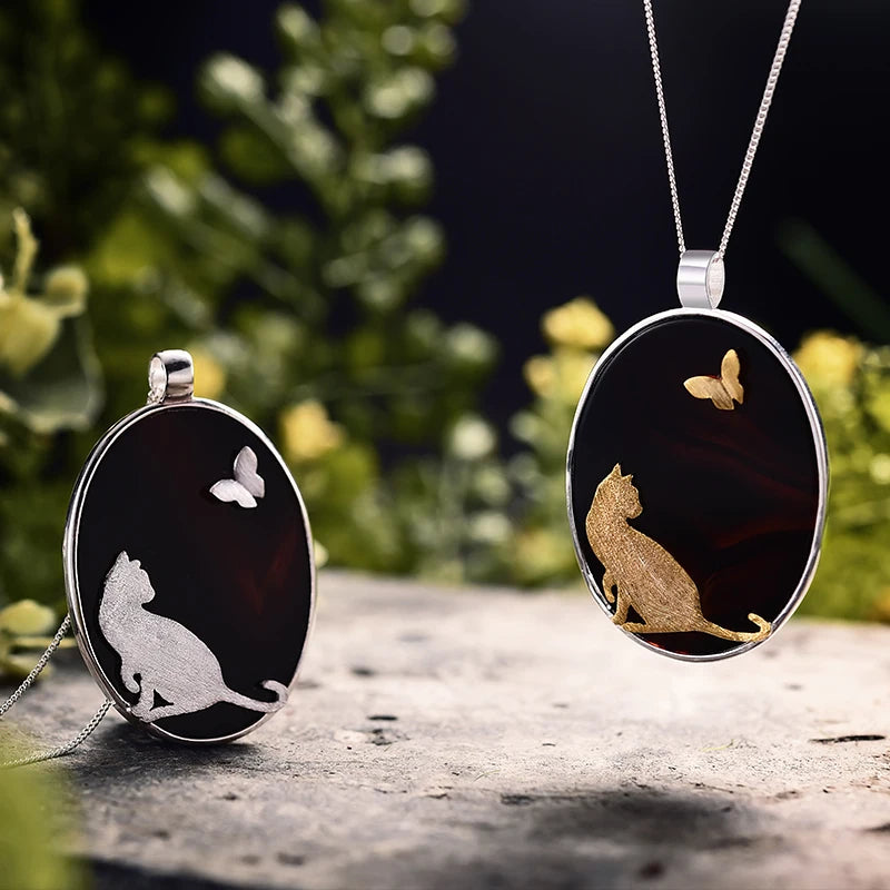 Lotus Fun Real 925 Sterling Silver Natural Agate Handmade Fine Jewelry Cat