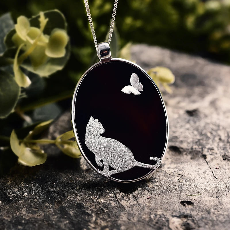 Lotus Fun Real 925 Sterling Silver Natural Agate Handmade Fine Jewelry Cat