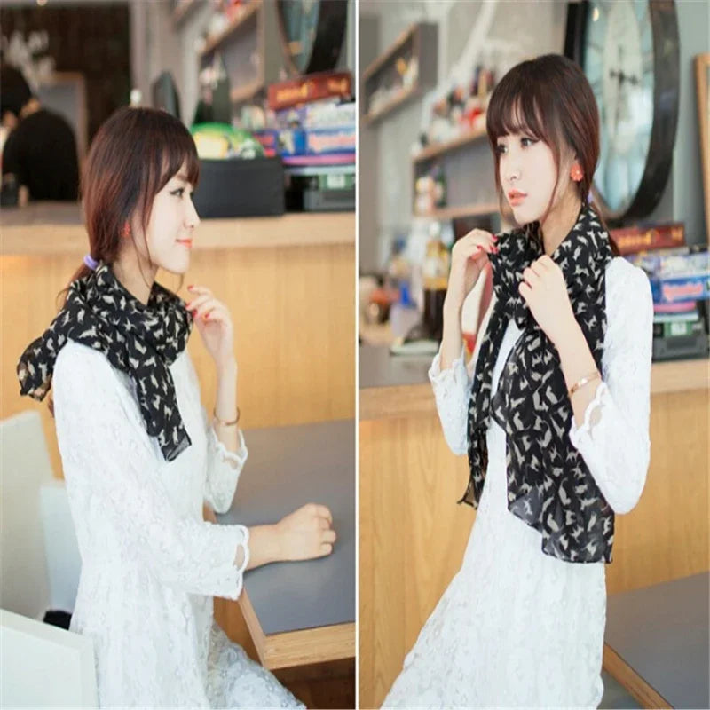 Women Chiffon Colorful Printed Sweet Cartoon Cat Kitten Scarf Graffiti Style