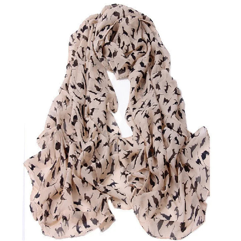 Women Chiffon Colorful Printed Sweet Cartoon Cat Kitten Scarf Graffiti Style