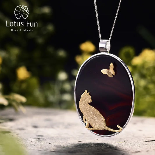 Lotus Fun Real 925 Sterling Silver Natural Agate Handmade Fine Jewelry Cat