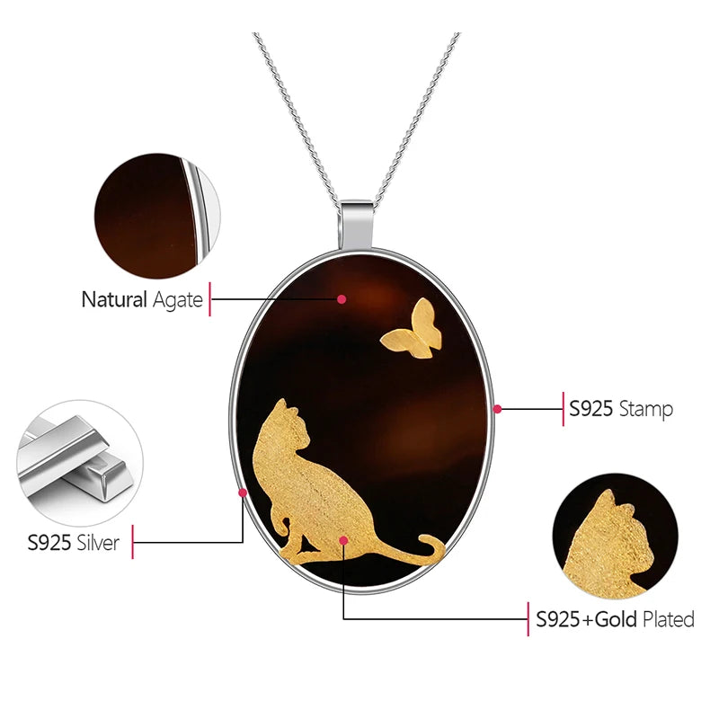 Lotus Fun Real 925 Sterling Silver Natural Agate Handmade Fine Jewelry Cat