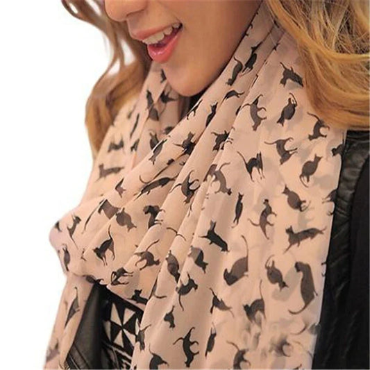 Women Chiffon Colorful Printed Sweet Cartoon Cat Kitten Scarf Graffiti Style